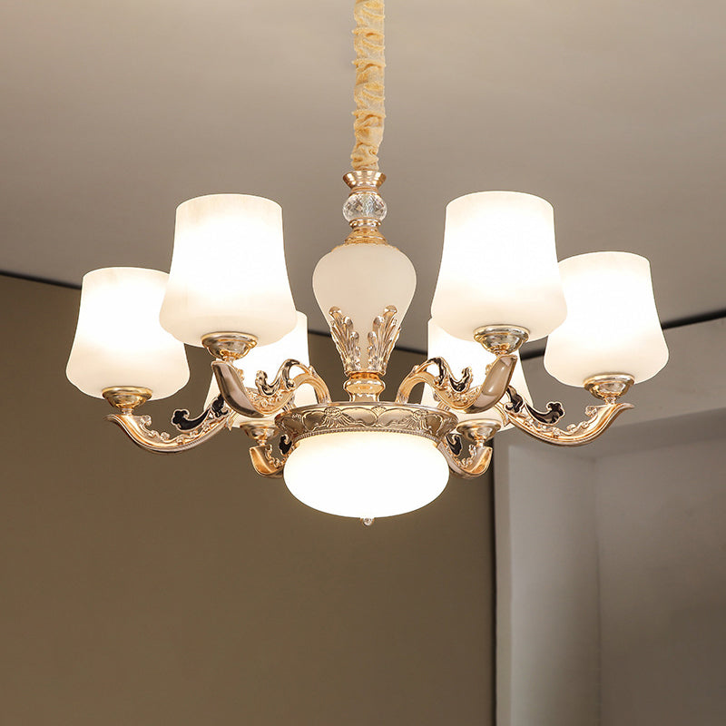 Retro Tapered Shade Chandelier Light White Glass Pendant Light Fixture for Living Room 6 White Glass Clearhalo 'Ceiling Lights' 'Chandeliers' 'Glass shade' 'Glass' Lighting' 2198750