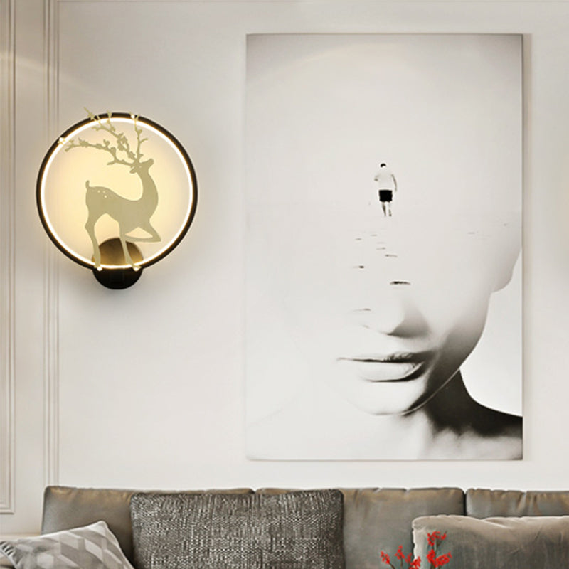Contemporary Black/White Acrylic Ring Sconce Light LED Wall Mount Lighting Ideas with Sika Deer Pattern Clearhalo 'Modern wall lights' 'Modern' 'Wall Lamps & Sconces' 'Wall Lights' Lighting' 220016