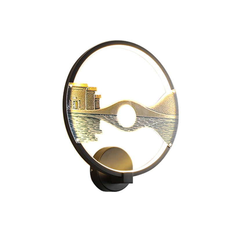 Black/White Circular Sconce Light Fixture LED Acrylic Wall Mount Lamp with Chinese Style Scenery Pattern, 12 Dia" Clearhalo 'Modern wall lights' 'Modern' 'Wall Lamps & Sconces' 'Wall Lights' Lighting' 220071