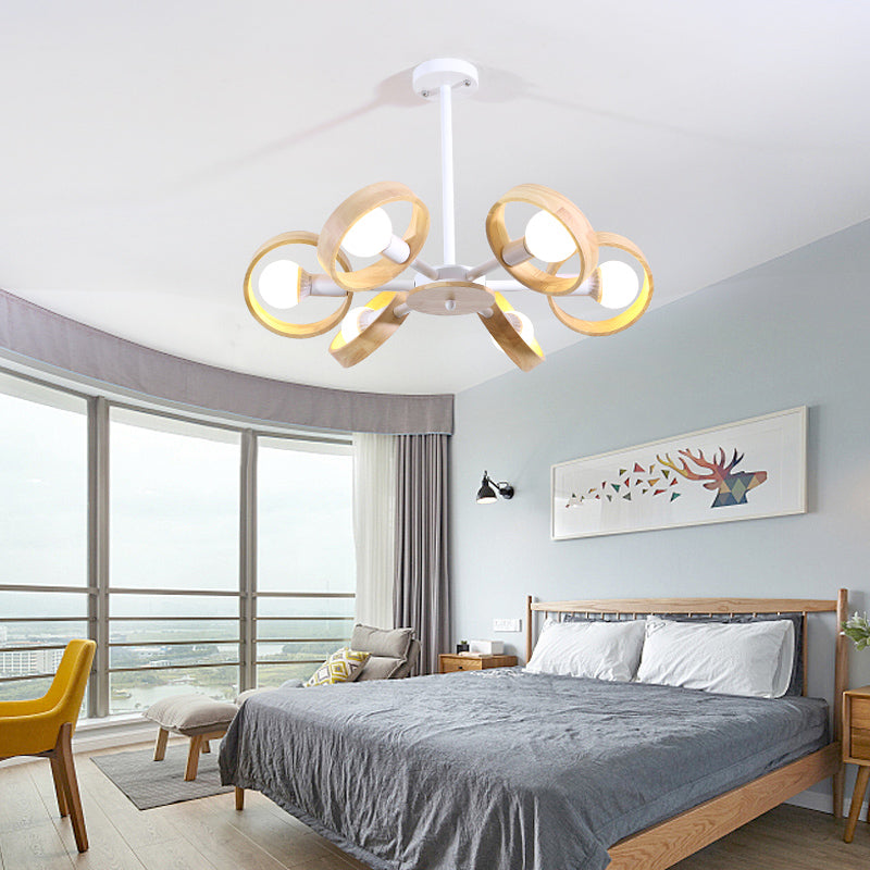 3/6/8 Heads Round Chandelier Light Contemporary Wood Hanging Ceiling Light in Black/White for Living Room 6 White Clearhalo 'Ceiling Lights' 'Chandeliers' Lighting' options 220350_c45122ea-4f22-4cde-b3d9-765ab4feb1c7