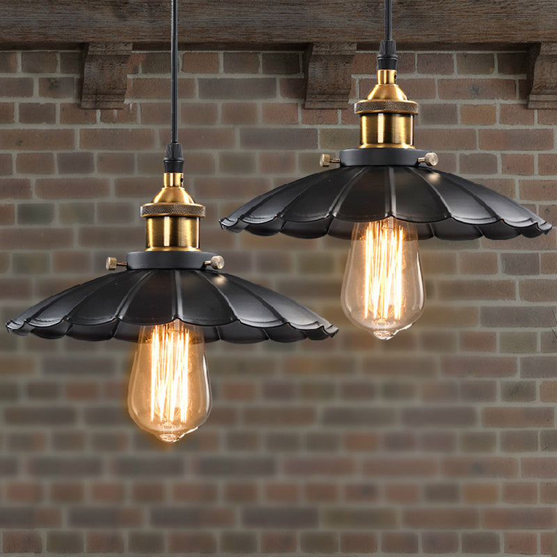 Single-Bulb Metallic Suspension Lighting Retro Style Black Scalloped Cone Restaurant Pendant Ceiling Light Clearhalo 'Art Deco Pendants' 'Black' 'Cast Iron' 'Ceiling Lights' 'Ceramic' 'Crystal' 'Industrial Pendants' 'Industrial' 'Metal' 'Middle Century Pendants' 'Pendant Lights' 'Pendants' 'Rustic Pendants' 'Tiffany' Lighting' 2204473