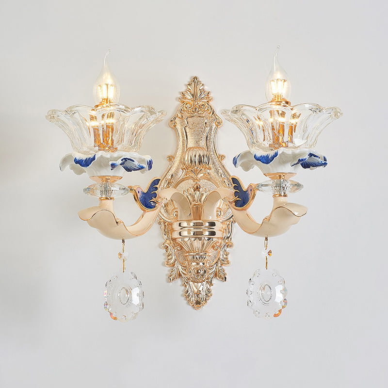 Flower Ribbed Glass Suspension Light Retro Style Living Room Chandelier Light with Crystal Draping in White Clearhalo 'Ceiling Lights' 'Chandeliers' Lighting' options 2204701