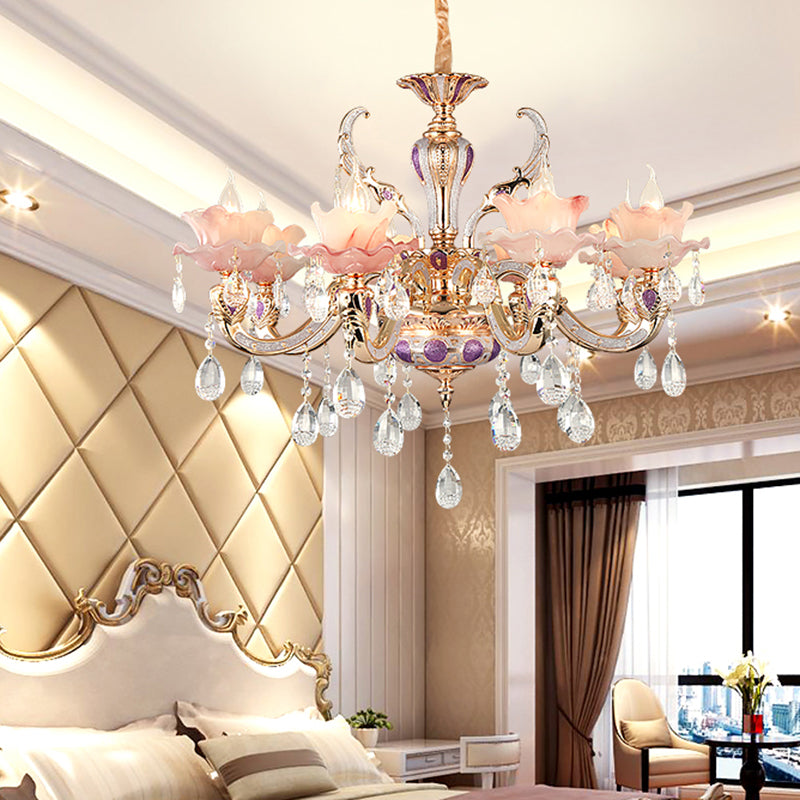 Pink Ruffle Floral Chandelier Light Retro Opaque Glass Living Room Pendant Light with Hanging Crystal 8 Pink Clearhalo 'Ceiling Lights' 'Chandeliers' Lighting' options 2204729_6db2d034-2da1-4d53-8f29-7967438bdd15
