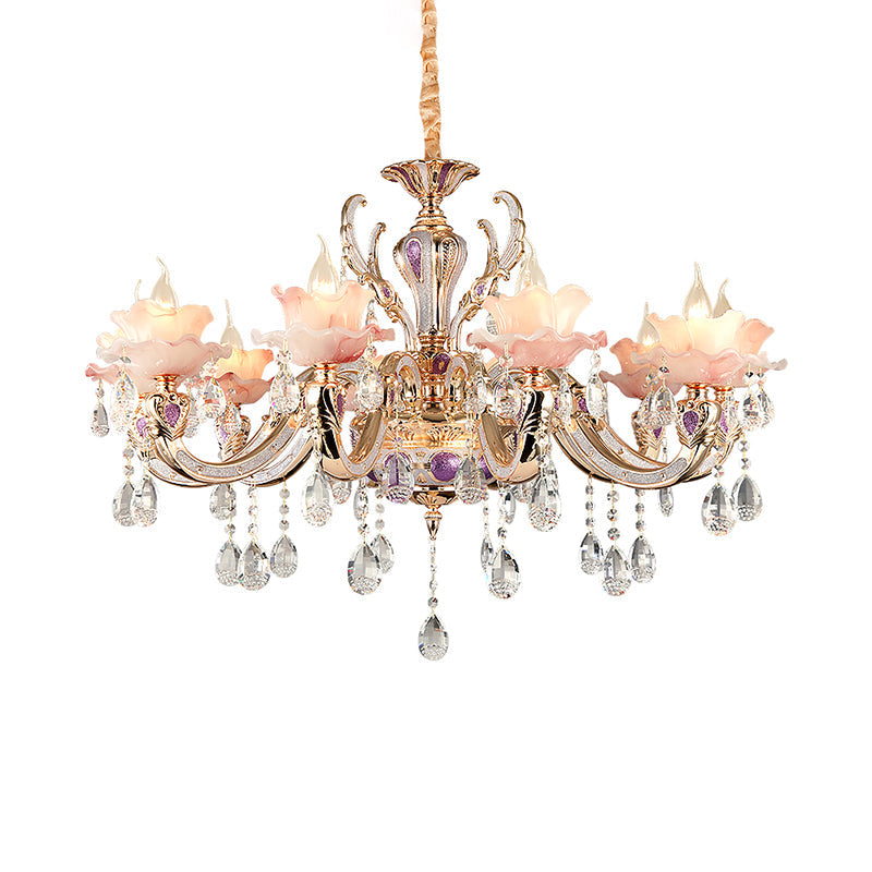 Pink Ruffle Floral Chandelier Light Retro Opaque Glass Living Room Pendant Light with Hanging Crystal Clearhalo 'Ceiling Lights' 'Chandeliers' Lighting' options 2204731