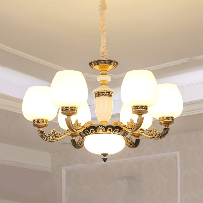 Bud Shade Frosted White Glass Chandelier Lighting Classic Living Room Pendant Light 6 White Clearhalo 'Ceiling Lights' 'Chandeliers' Lighting' options 2204756_db6badc3-ee58-4372-8cef-58280c2d36fb