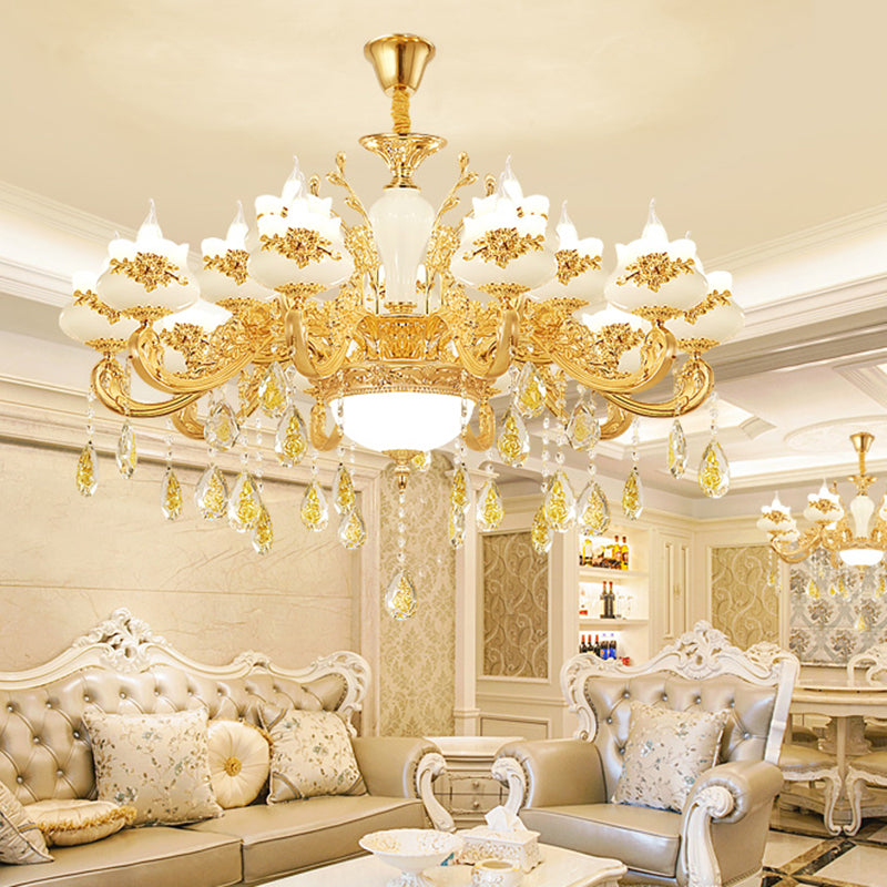 Opaque Glass Bud Ceiling Lighting Traditional Living Room Chandelier Light with Crystal Draping in Gold Clearhalo 'Ceiling Lights' 'Chandeliers' Lighting' options 2204761