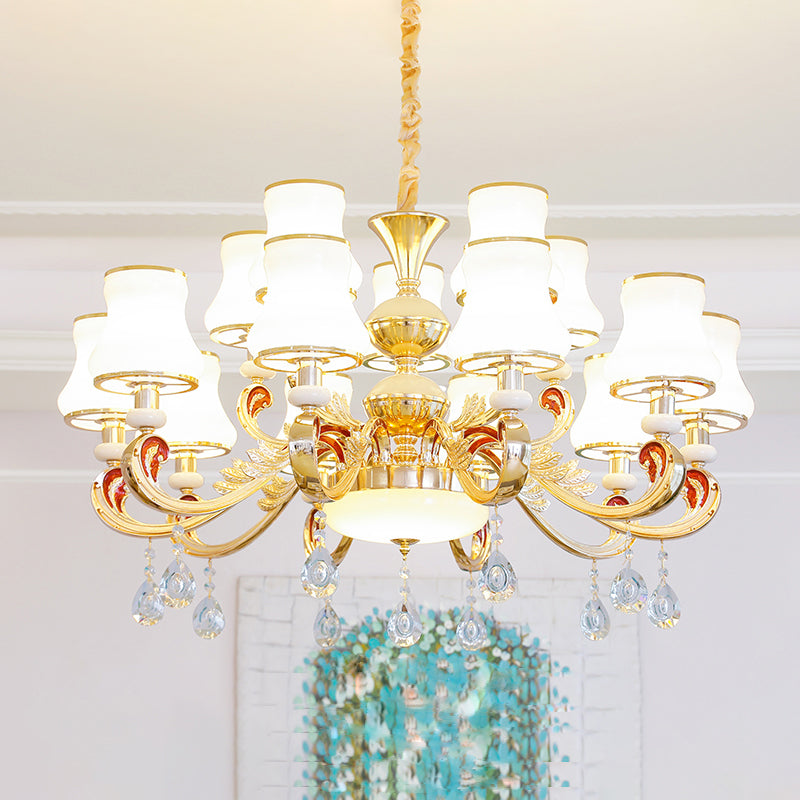 White Glass Bud Ceiling Lighting Traditional Living Room Chandelier Light Fixture with Crystal Draping Clearhalo 'Ceiling Lights' 'Chandeliers' Lighting' options 2204817
