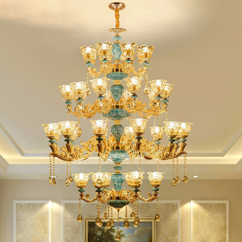 Ruffled Edge Living Room Chandelier Light Retro Handblown Glass Gold Pendant Light Fixture with Crystal Draping 36 Gold Clearhalo 'Ceiling Lights' 'Chandeliers' Lighting' options 2204944_804d2d4d-3a28-415b-b690-20ab2a9a2ff5