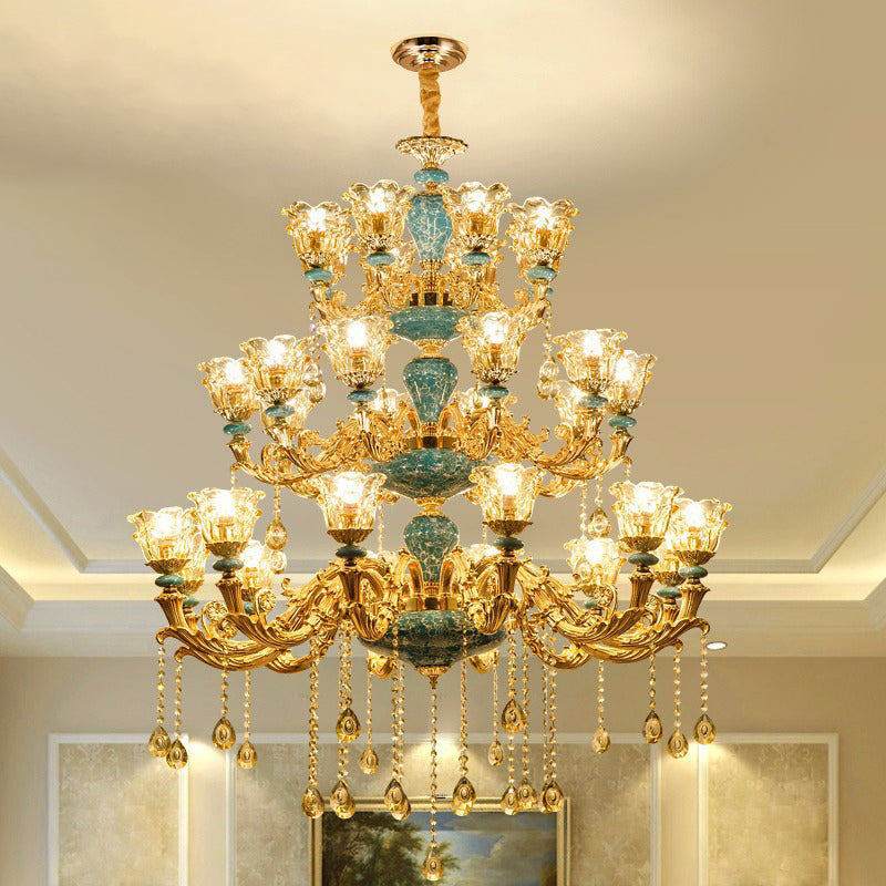Ruffled Edge Living Room Chandelier Light Retro Handblown Glass Gold Pendant Light Fixture with Crystal Draping Clearhalo 'Ceiling Lights' 'Chandeliers' Lighting' options 2204945