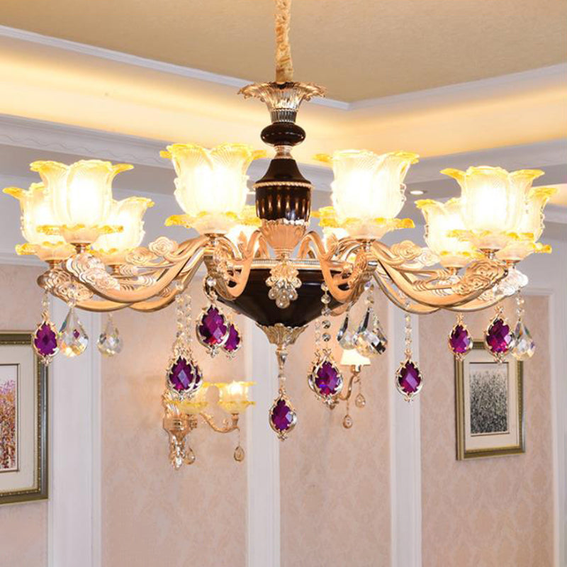Carved Glass Floral Suspension Light Retro Style Living Room Chandelier Light with Crystal Accent Clearhalo 'Ceiling Lights' 'Chandeliers' Lighting' options 2204953