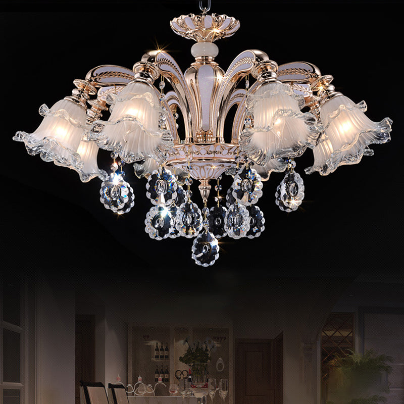 Vintage Floral Chandelier Pendant Light Ribbed Ruffle Glass Hanging Light with Crystal Accent 8 White-Gold Clearhalo 'Ceiling Lights' 'Chandeliers' Lighting' options 2204979_462312fb-3d23-4411-9c43-a8fc122a65a3
