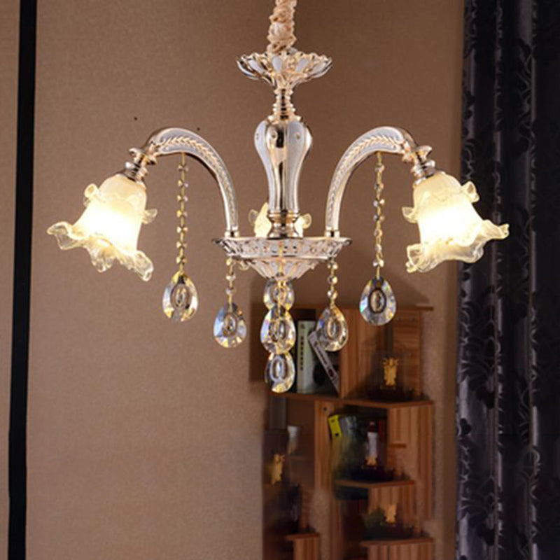 Ribbed Glass Ruffled Flower Suspension Light Retro Living Room Chandelier Light with Crystal Draping in Gold Clearhalo 'Ceiling Lights' 'Chandeliers' Lighting' options 2205001