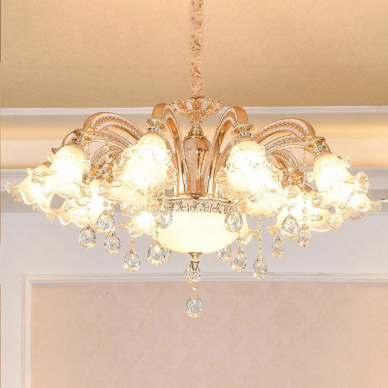 Ribbed Glass Ruffled Flower Suspension Light Retro Living Room Chandelier Light with Crystal Draping in Gold Clearhalo 'Ceiling Lights' 'Chandeliers' Lighting' options 2205002