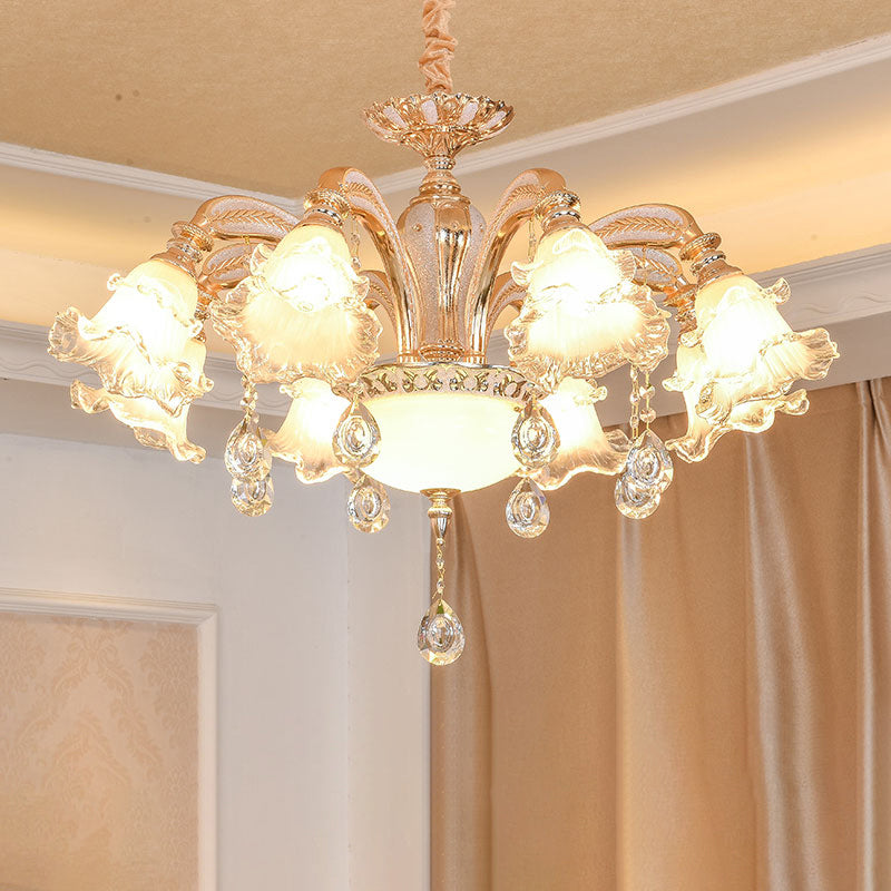 Ribbed Glass Ruffled Flower Suspension Light Retro Living Room Chandelier Light with Crystal Draping in Gold Clearhalo 'Ceiling Lights' 'Chandeliers' Lighting' options 2205003