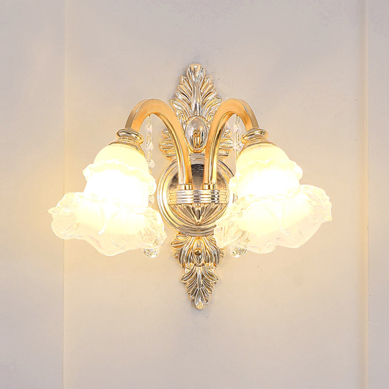 Gold Floral Shade Ceiling Lighting Traditional Ruffle Glass Living Room Chandelier Light with Crystal Draping 2 Gold Clearhalo 'Ceiling Lights' 'Chandeliers' Lighting' options 2205027_add5fe15-423f-455f-a860-bacd502ec70e