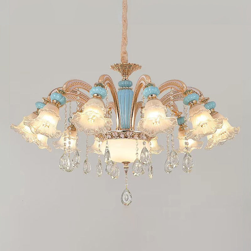 Textured Glass Blue Chandelier Pendant Light Flared Ruffle Vintage Hanging Light with Crystal Accent Clearhalo 'Ceiling Lights' 'Chandeliers' Lighting' options 2205034
