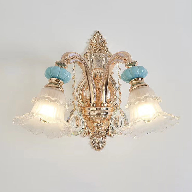Textured Glass Blue Chandelier Pendant Light Flared Ruffle Vintage Hanging Light with Crystal Accent 2 Blue Clearhalo 'Ceiling Lights' 'Chandeliers' Lighting' options 2205042_2f98c12d-d892-4756-936c-de46ad855717