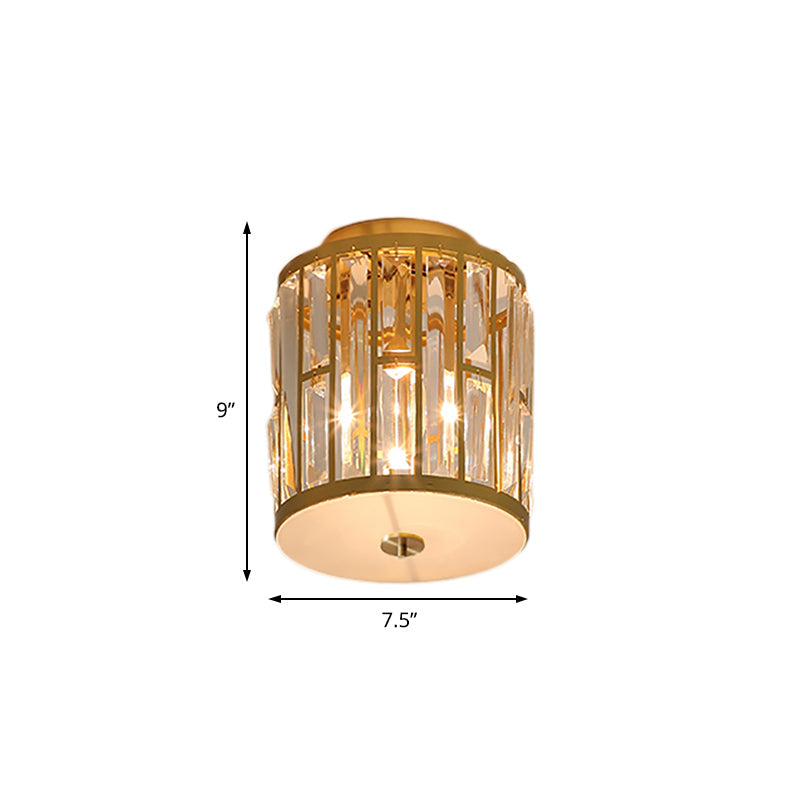 Cylinder Flush Mount Light Modern Metal and Crystal 1 Light Gold Ceiling Light Fixture Clearhalo 'Ceiling Lights' 'Close To Ceiling Lights' 'Close to ceiling' 'Flush mount' Lighting' 220764