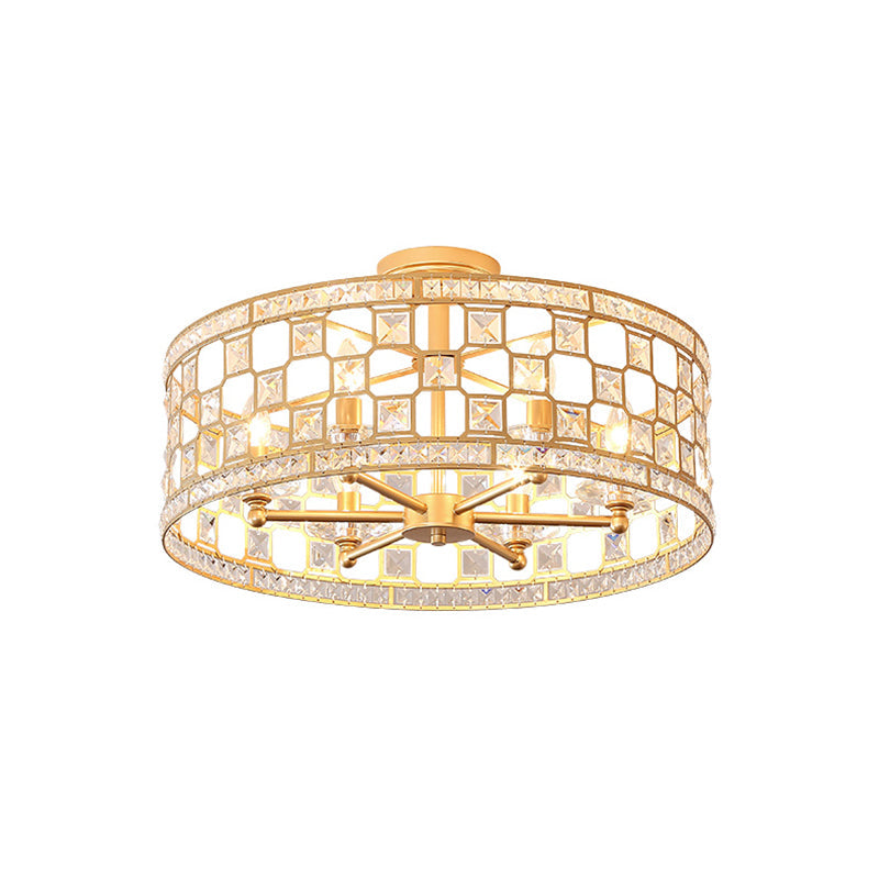 Modernism 3/4/6 Lights Semi Flush Light with Metal and Crystal Shade Gold Drum Ceiling Fixture, 12"/16"/23.5" Wide Clearhalo 'Ceiling Lights' 'Close To Ceiling Lights' 'Close to ceiling' 'Semi-flushmount' Lighting' 220889
