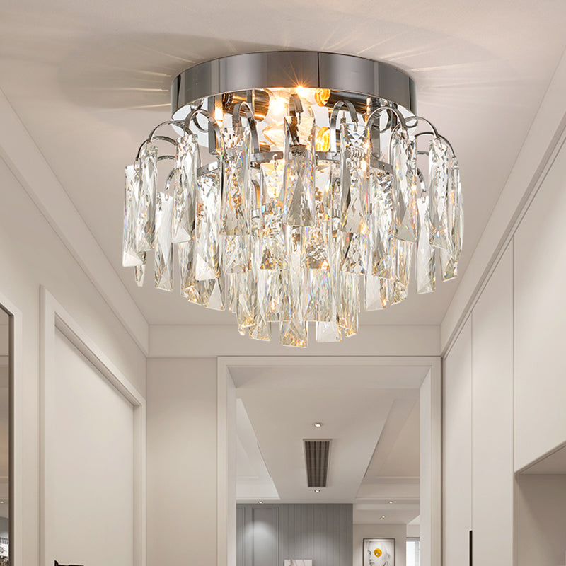 Round Flush Mount Light Modern Faceted Clear Crystal Prism 2 Lights Chrome/Gold Ceiling Light Chrome Clearhalo 'Ceiling Lights' 'Close To Ceiling Lights' 'Close to ceiling' 'Flush mount' Lighting' 221083