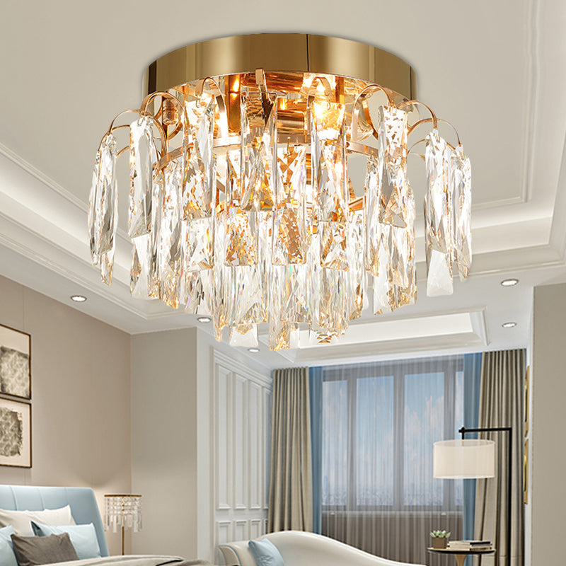 Round Flush Mount Light Modern Faceted Clear Crystal Prism 2 Lights Chrome/Gold Ceiling Light Gold Clearhalo 'Ceiling Lights' 'Close To Ceiling Lights' 'Close to ceiling' 'Flush mount' Lighting' 221086