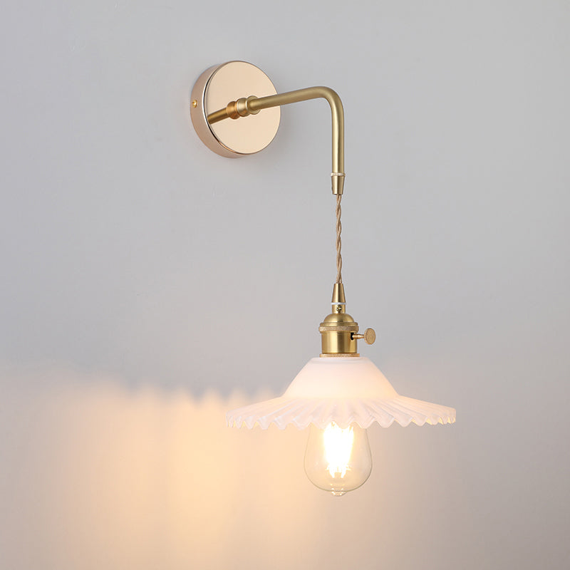 Shaded Glass Wall Light Fixture Vintage Single-Bulb Bedside Wall Mounted Lamp in Gold Gold H Clearhalo 'Art deco wall lights' 'Cast Iron' 'Glass' 'Industrial wall lights' 'Industrial' 'Middle century wall lights' 'Modern' 'Rustic wall lights' 'Tiffany' 'Traditional wall lights' 'Wall Lamps & Sconces' 'Wall Lights' Lighting' 2216306