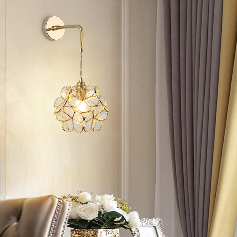 Shaded Glass Wall Light Fixture Vintage Single-Bulb Bedside Wall Mounted Lamp in Gold Gold Q Clearhalo 'Art deco wall lights' 'Cast Iron' 'Glass' 'Industrial wall lights' 'Industrial' 'Middle century wall lights' 'Modern' 'Rustic wall lights' 'Tiffany' 'Traditional wall lights' 'Wall Lamps & Sconces' 'Wall Lights' Lighting' 2216308