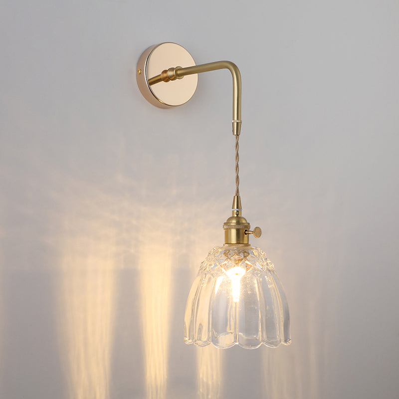 Shaded Glass Wall Light Fixture Vintage Single-Bulb Bedside Wall Mounted Lamp in Gold Gold E Clearhalo 'Art deco wall lights' 'Cast Iron' 'Glass' 'Industrial wall lights' 'Industrial' 'Middle century wall lights' 'Modern' 'Rustic wall lights' 'Tiffany' 'Traditional wall lights' 'Wall Lamps & Sconces' 'Wall Lights' Lighting' 2216313