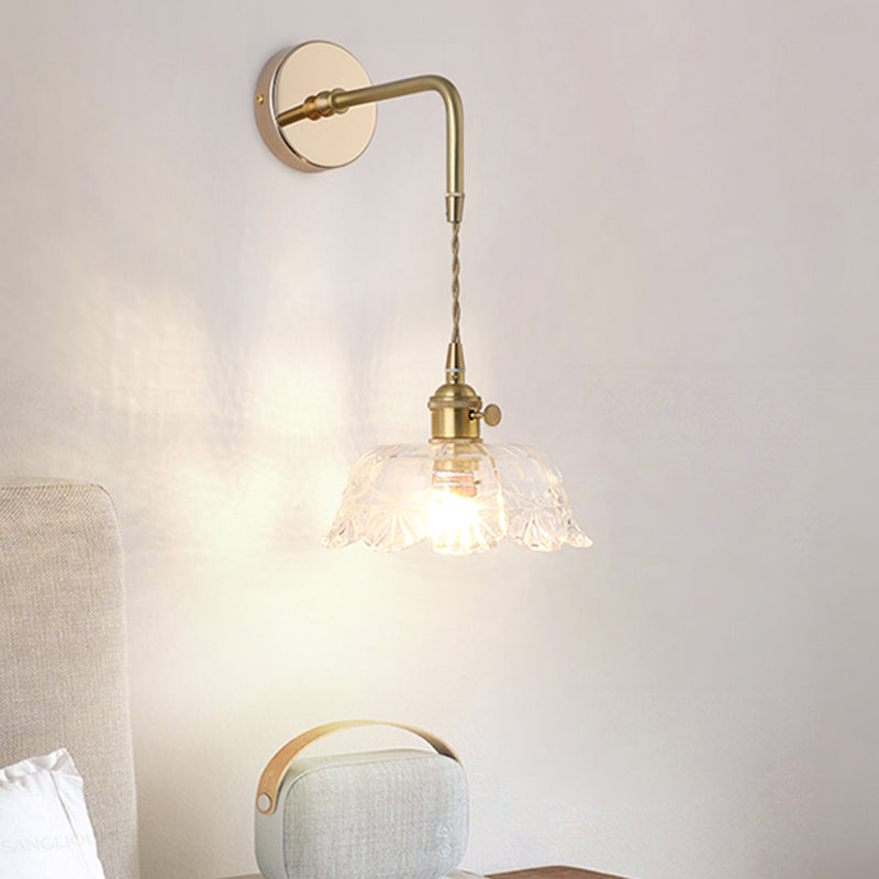 Shaded Glass Wall Light Fixture Vintage Single-Bulb Bedside Wall Mounted Lamp in Gold Gold F Clearhalo 'Art deco wall lights' 'Cast Iron' 'Glass' 'Industrial wall lights' 'Industrial' 'Middle century wall lights' 'Modern' 'Rustic wall lights' 'Tiffany' 'Traditional wall lights' 'Wall Lamps & Sconces' 'Wall Lights' Lighting' 2216321