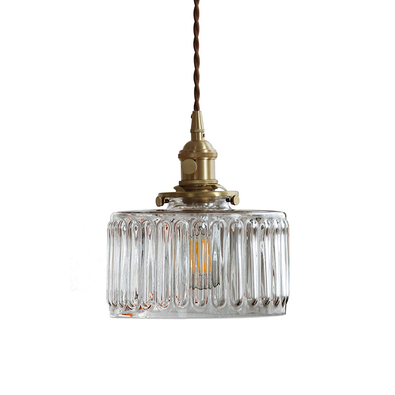 Industrial Drum Ceiling Light Single Glass Hanging Pendant Light in Gold for Restaurant Clearhalo 'Ceiling Lights' 'Glass shade' 'Glass' 'Industrial Pendants' 'Industrial' 'Middle Century Pendants' 'Pendant Lights' 'Pendants' 'Tiffany' Lighting' 2216366