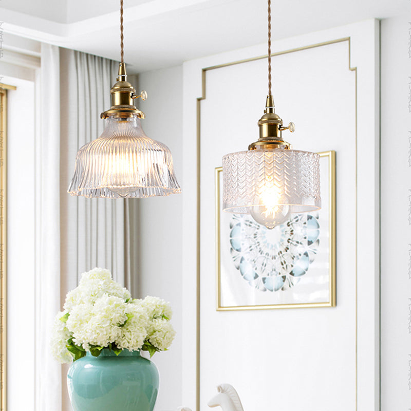 Single-Bulb Hanging Lamp Vintage Style Shaded Textured Glass Lighting Pendant in Gold Clearhalo 'Ceiling Lights' 'Glass shade' 'Glass' 'Industrial Pendants' 'Industrial' 'Middle Century Pendants' 'Pendant Lights' 'Pendants' 'Tiffany' Lighting' 2216371