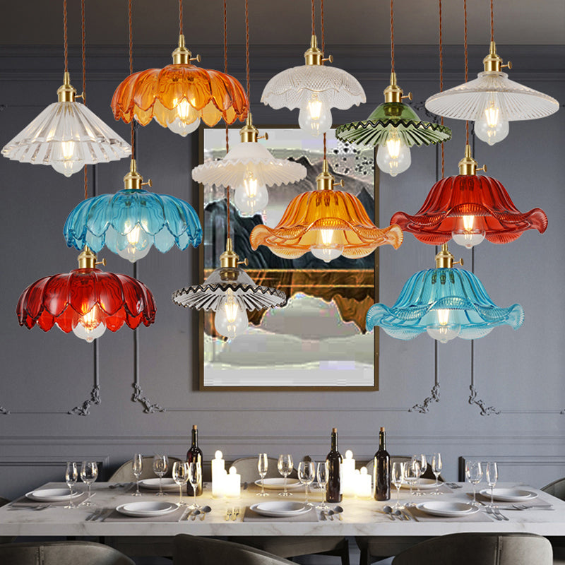 Single-Bulb Hanging Lamp Vintage Shaded Ribbed Glass Lighting Pendant in Brass for Dining Room Clearhalo 'Ceiling Lights' 'Glass shade' 'Glass' 'Industrial Pendants' 'Industrial' 'Middle Century Pendants' 'Pendant Lights' 'Pendants' 'Tiffany' Lighting' 2216424