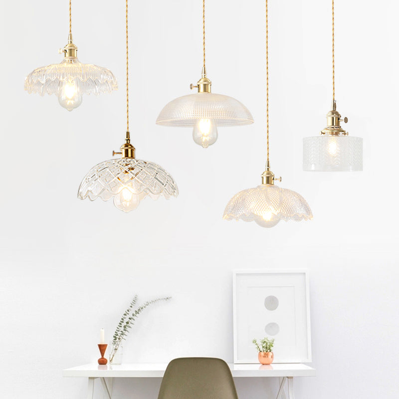 Shaded Textured Glass Pendant Light Antique 1-Light Restaurant Hanging Light Fixture in Brass Clearhalo 'Ceiling Lights' 'Glass shade' 'Glass' 'Industrial Pendants' 'Industrial' 'Middle Century Pendants' 'Pendant Lights' 'Pendants' 'Tiffany' Lighting' 2216444