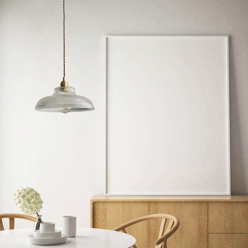 Retro Style Pot Cover Hanging Lamp Single-Bulb Clear Ribbed Glass Lighting Pendant for Dining Room Clearhalo 'Ceiling Lights' 'Glass shade' 'Glass' 'Industrial Pendants' 'Industrial' 'Middle Century Pendants' 'Pendant Lights' 'Pendants' 'Tiffany' Lighting' 2216460