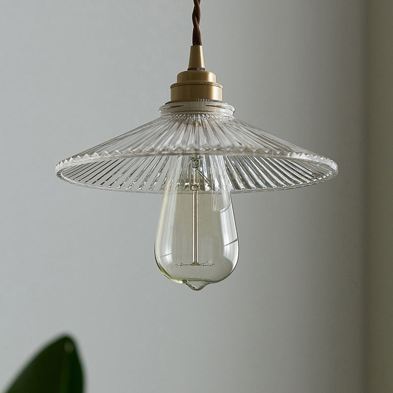 Clear Ribbed Glass Conical Suspension Lighting Retro Style Single Dining Room Pendant Ceiling Light Clearhalo 'Ceiling Lights' 'Glass shade' 'Glass' 'Industrial Pendants' 'Industrial' 'Middle Century Pendants' 'Pendant Lights' 'Pendants' 'Tiffany' Lighting' 2216479
