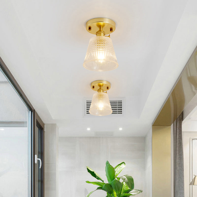 Gold Tapered Semi Flush Mount Minimalist Prismatic Glass 1 Head Corridor Ceiling Mounted Light Gold F Clearhalo 'Ceiling Lights' 'Close To Ceiling Lights' 'Close to ceiling' 'Glass shade' 'Glass' 'Pendant Lights' 'Semi-flushmount' Lighting' 2216654