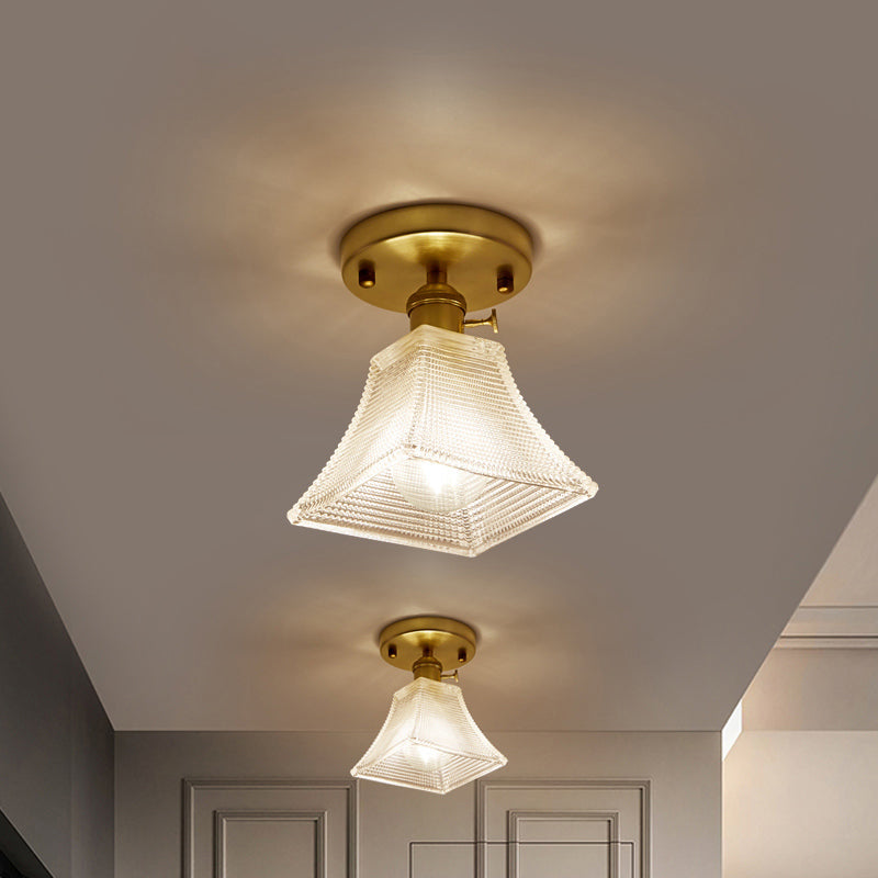 Gold Tapered Semi Flush Mount Minimalist Prismatic Glass 1 Head Corridor Ceiling Mounted Light Gold D Clearhalo 'Ceiling Lights' 'Close To Ceiling Lights' 'Close to ceiling' 'Glass shade' 'Glass' 'Pendant Lights' 'Semi-flushmount' Lighting' 2216656