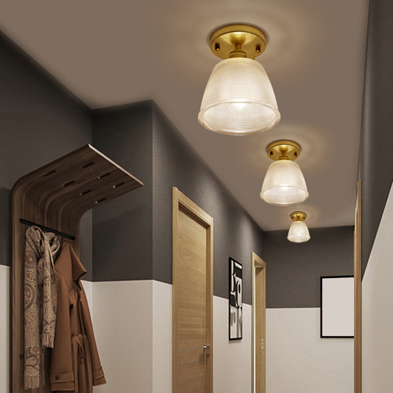 Gold Tapered Semi Flush Mount Minimalist Prismatic Glass 1 Head Corridor Ceiling Mounted Light Gold B Clearhalo 'Ceiling Lights' 'Close To Ceiling Lights' 'Close to ceiling' 'Glass shade' 'Glass' 'Pendant Lights' 'Semi-flushmount' Lighting' 2216657
