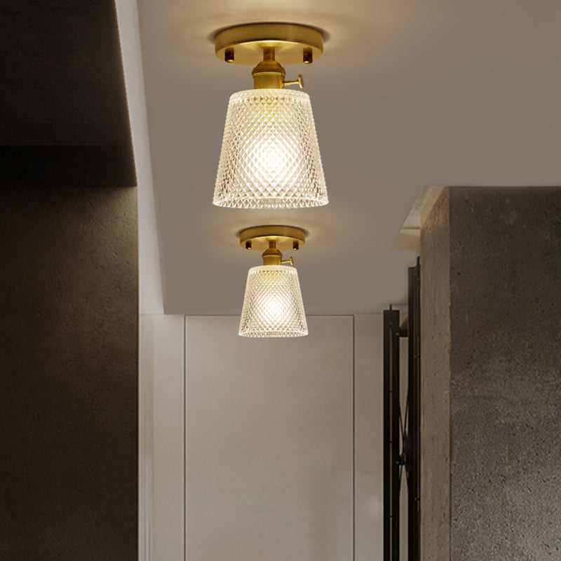 Gold Tapered Semi Flush Mount Minimalist Prismatic Glass 1 Head Corridor Ceiling Mounted Light Gold E Clearhalo 'Ceiling Lights' 'Close To Ceiling Lights' 'Close to ceiling' 'Glass shade' 'Glass' 'Pendant Lights' 'Semi-flushmount' Lighting' 2216660