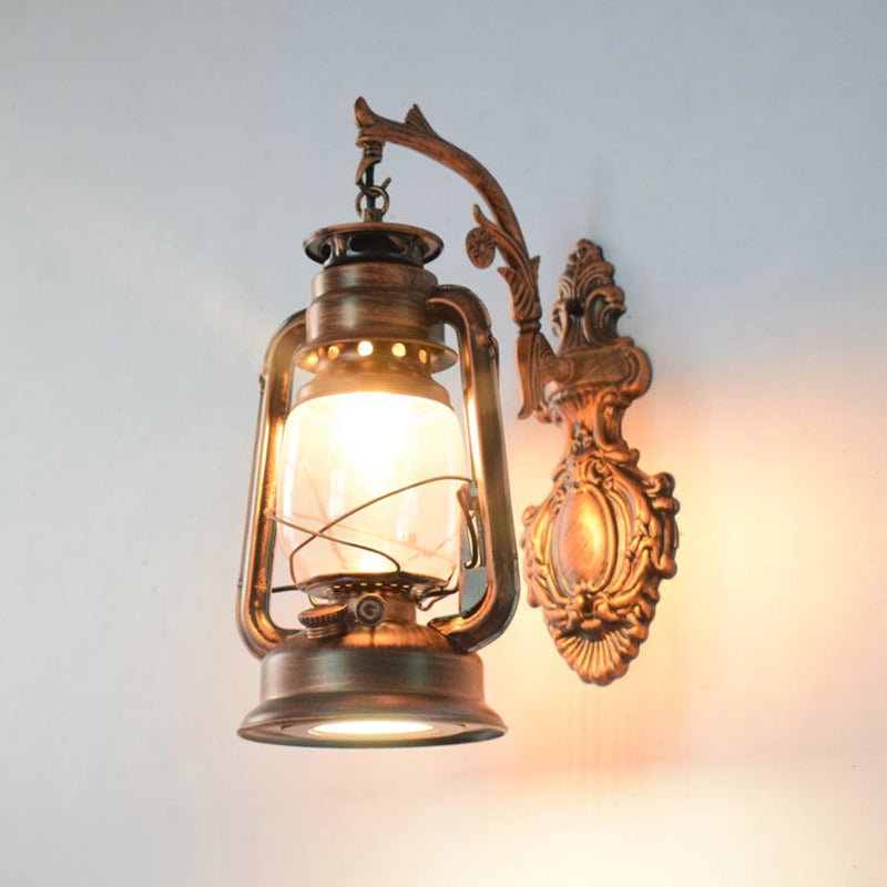 1-Light Wall Light Fixture Vintage Lantern Shaped Iron Kerosene Lighting for Restaurant Clearhalo 'Art deco wall lights' 'Cast Iron' 'Glass' 'Industrial wall lights' 'Industrial' 'Middle century wall lights' 'Modern' 'Rustic wall lights' 'Tiffany' 'Traditional wall lights' 'Wall Lamps & Sconces' 'Wall Lights' Lighting' 2216685