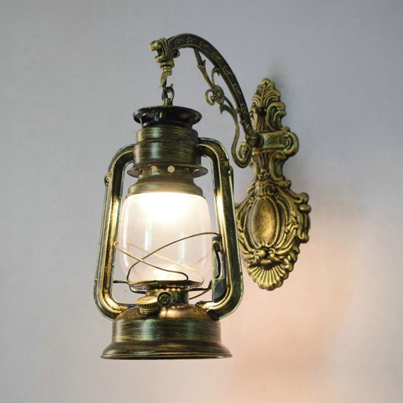 1-Light Wall Light Fixture Vintage Lantern Shaped Iron Kerosene Lighting for Restaurant Bronze F Clearhalo 'Art deco wall lights' 'Cast Iron' 'Glass' 'Industrial wall lights' 'Industrial' 'Middle century wall lights' 'Modern' 'Rustic wall lights' 'Tiffany' 'Traditional wall lights' 'Wall Lamps & Sconces' 'Wall Lights' Lighting' 2216700