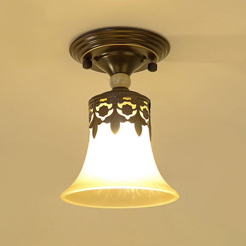 Beige Glass Flared Shade Semi Flush Mount Vintage 1��Bulb Corridor Ceiling Mounted Light in Black Clearhalo 'Ceiling Lights' 'Close To Ceiling Lights' 'Close to ceiling' 'Glass shade' 'Glass' 'Semi-flushmount' Lighting' 2216761