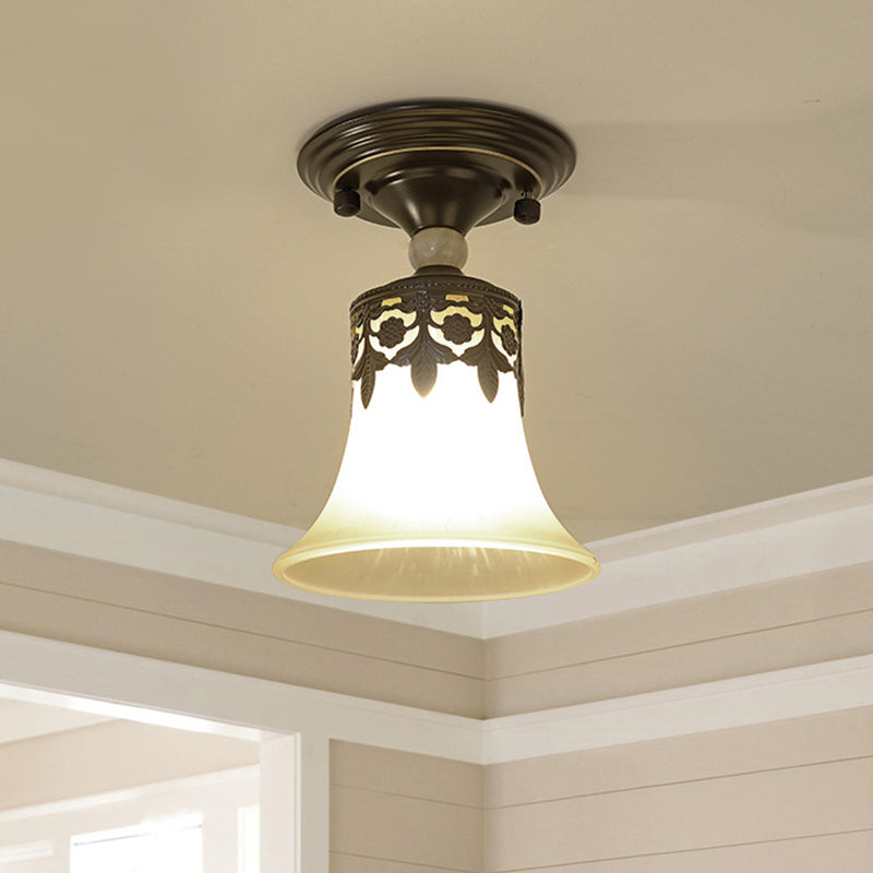 Beige Glass Flared Shade Semi Flush Mount Vintage 1��Bulb Corridor Ceiling Mounted Light in Black Clearhalo 'Ceiling Lights' 'Close To Ceiling Lights' 'Close to ceiling' 'Glass shade' 'Glass' 'Semi-flushmount' Lighting' 2216762