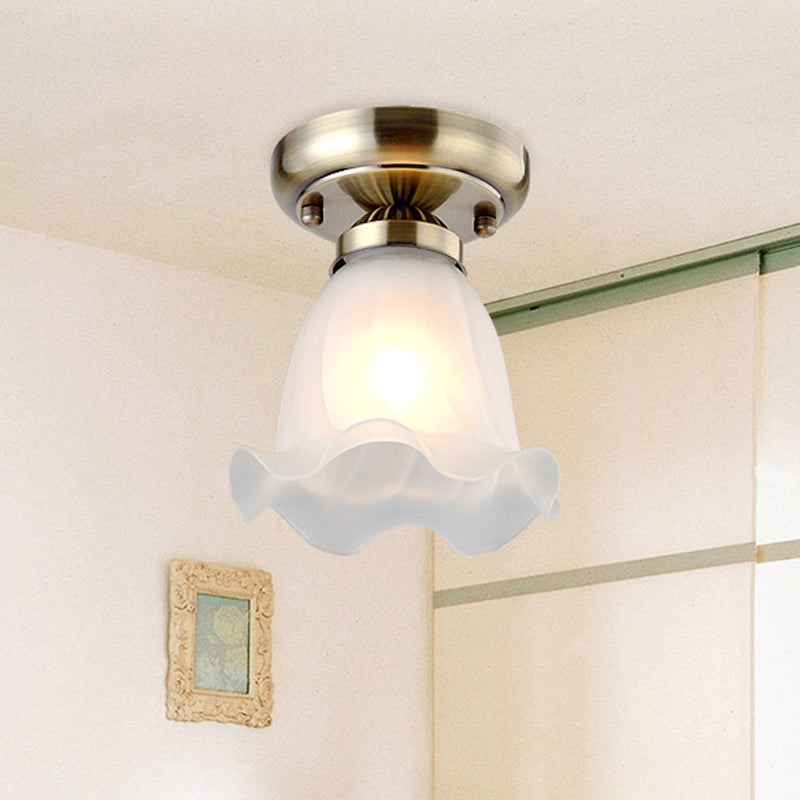 1��Bulb Flush Mount Light Retro Flower Shade White Frosted Glass Semi Flush Ceiling Light White A Clearhalo 'Ceiling Lights' 'Close To Ceiling Lights' 'Close to ceiling' 'Glass shade' 'Glass' 'Semi-flushmount' Lighting' 2216767