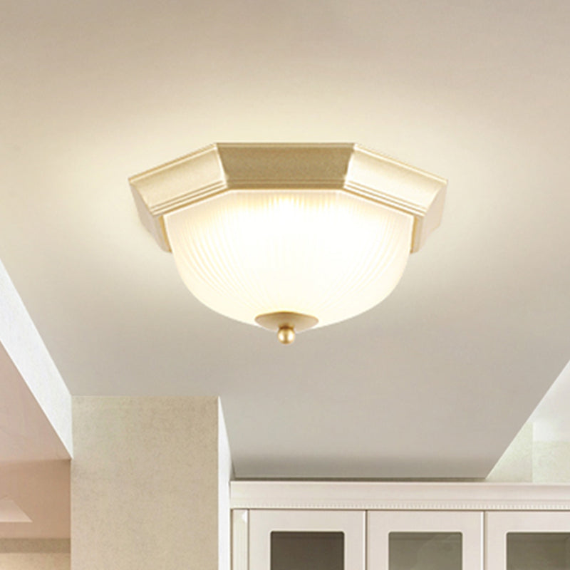 Vintage Inverted Bell Flush Ceiling Light Cream Glass LED Flush Mount Lighting Fixture Gold Octagon Clearhalo 'Ceiling Lights' 'Close To Ceiling Lights' 'Close to ceiling' 'Flush mount' Lighting' 2216794