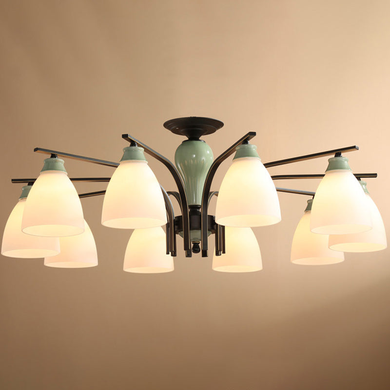 Opal Glass Bell Flush Mount Chandelier Classic Living Room Semi Flush Light Fixture in Light Green 10 Light Green Clearhalo 'Ceiling Lights' 'Close To Ceiling Lights' 'Close to ceiling' 'Glass shade' 'Glass' 'Semi-flushmount' Lighting' 2216873