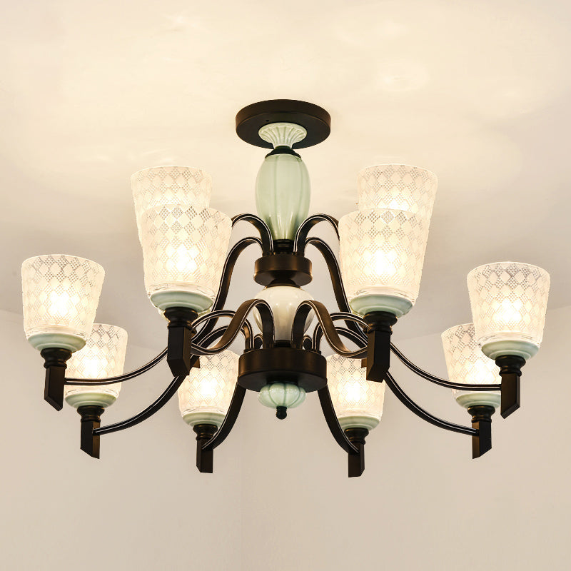 Tapered Living Room Semi Flush Traditional Rhombus Glass Light Green Ceiling Mount Chandelier 12 Light Green Clearhalo 'Ceiling Lights' 'Close To Ceiling Lights' 'Close to ceiling' 'Glass shade' 'Glass' 'Semi-flushmount' Lighting' 2216883