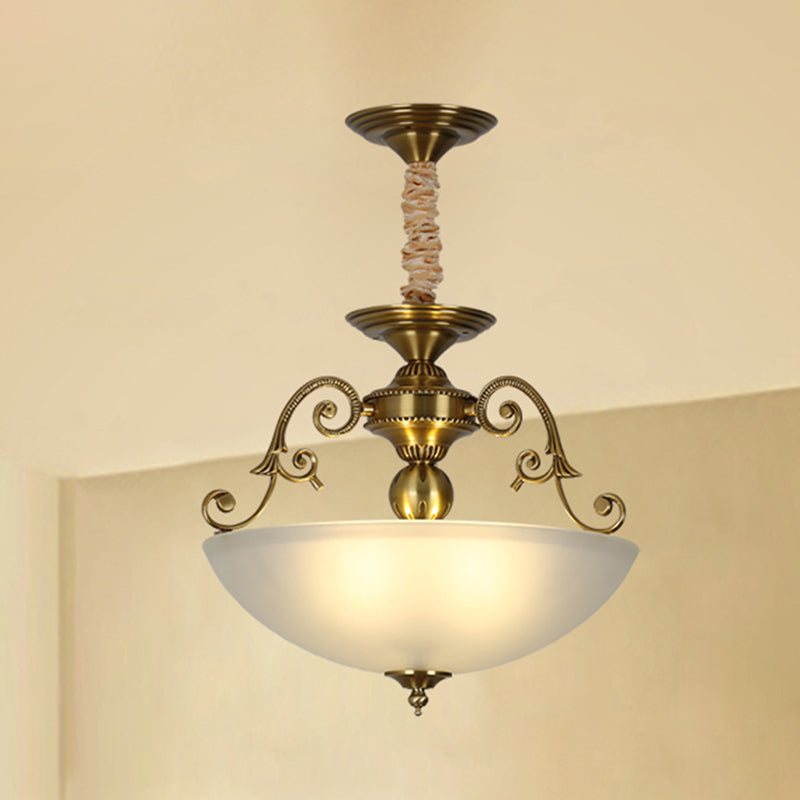 3 Heads Chandelier Light Retro Bowl Frosted Glass Pendant Lighting Fixture in Gold Gold Clearhalo 'Ceiling Lights' 'Chandeliers' Lighting' options 2216966_efc35e64-8dc9-4892-a302-4ee574d0e00e