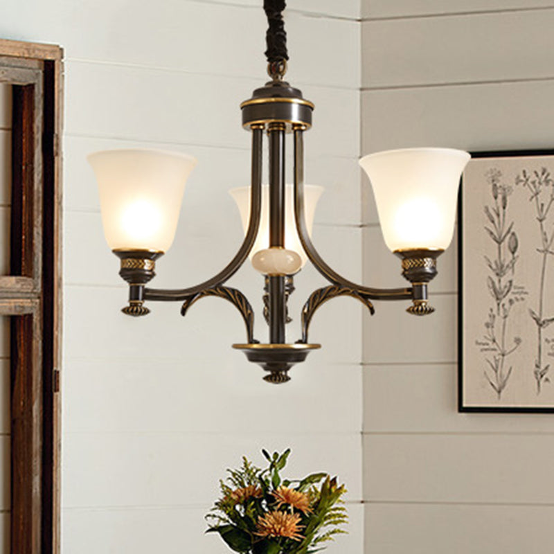 Flared Frosted Glass Suspension Light Rustic Living Room Chandelier Light in Black Clearhalo 'Ceiling Lights' 'Chandeliers' Lighting' options 2217026