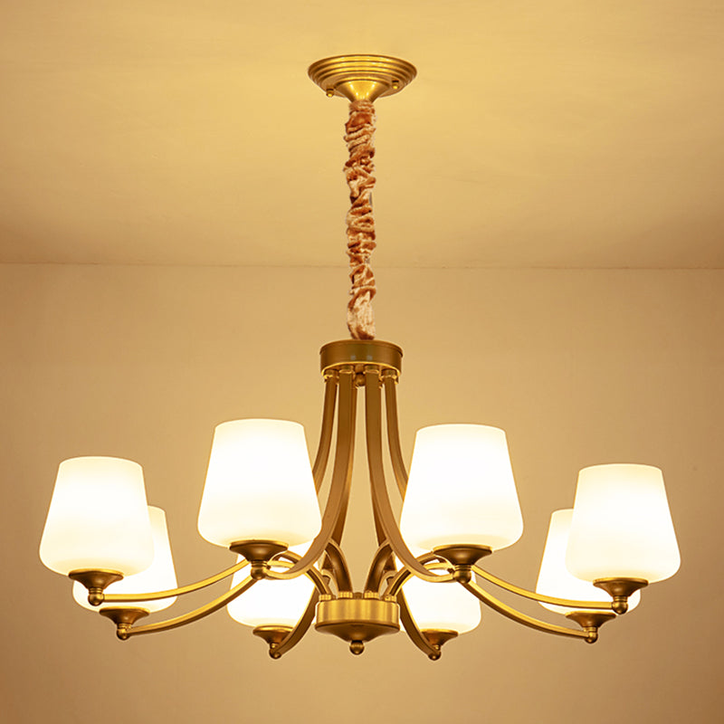 Vintage Bud Shade Chandelier Pendant Light Cream Glass Hanging Light for Living Room 8 Gold Clearhalo 'Ceiling Lights' 'Chandeliers' Lighting' options 2217053_a881f0e9-38fb-415d-acd5-fb6b93492056
